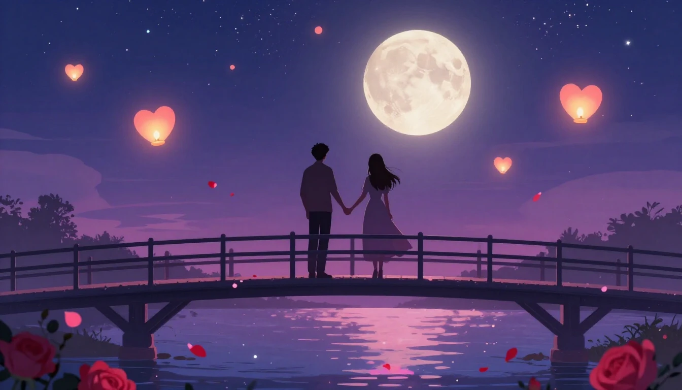 A romantic and dreamy illustration featuring two silhouetted...