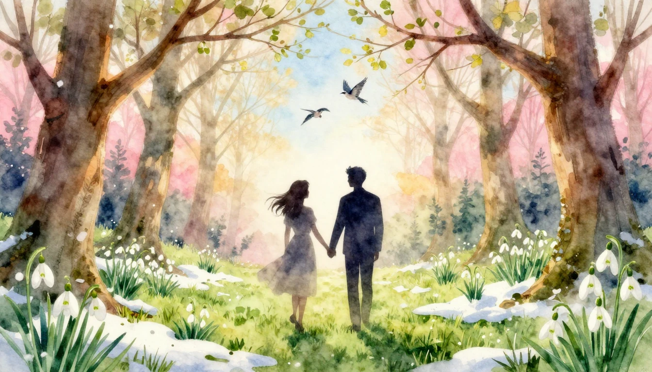 A soft and romantic watercolor painting depicting two silhou...