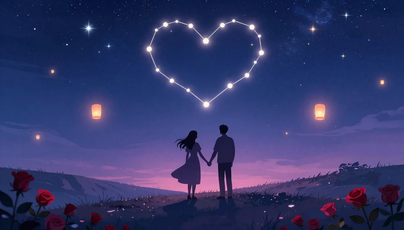 A romantic and dreamy illustration featuring two silhouette ...