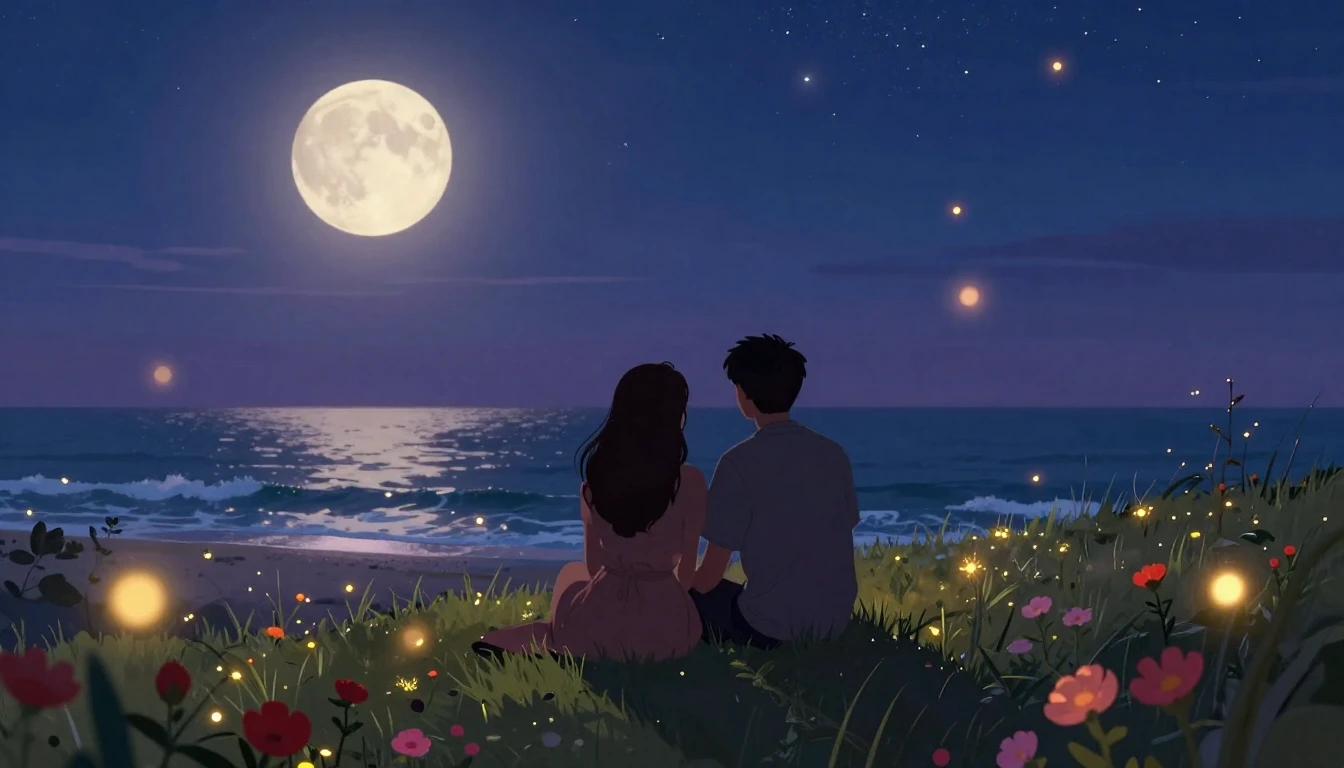 A warm and romantic illustration featuring two silhouetted f...