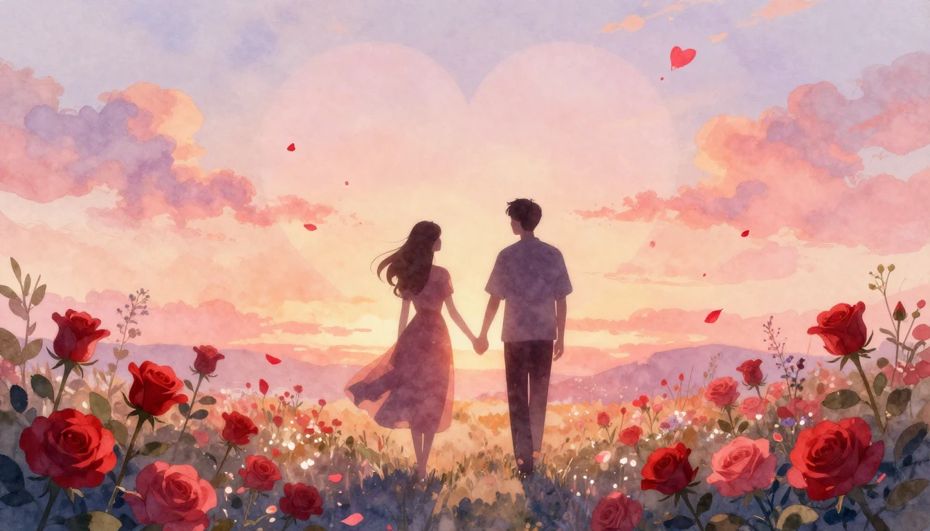 A soft and dreamy watercolor illustration depicting a romant...