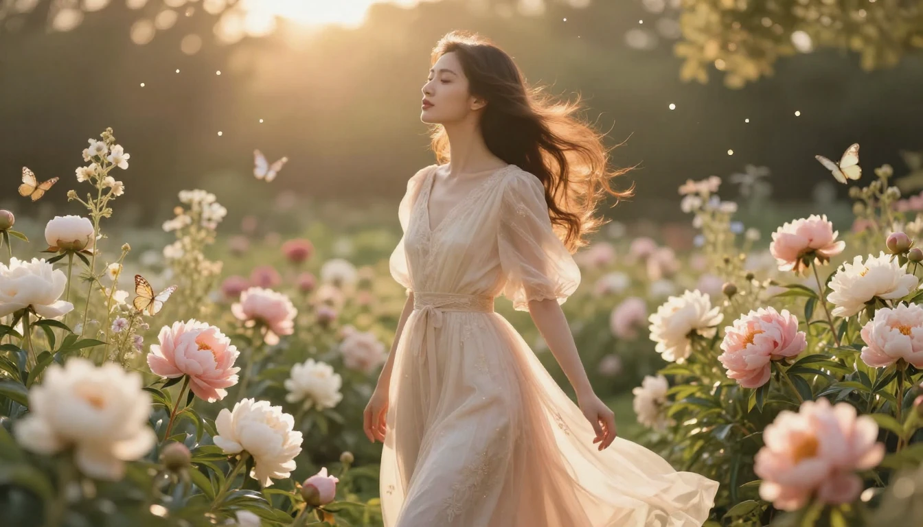 A beautiful, serene scene of a graceful woman standing in a ...