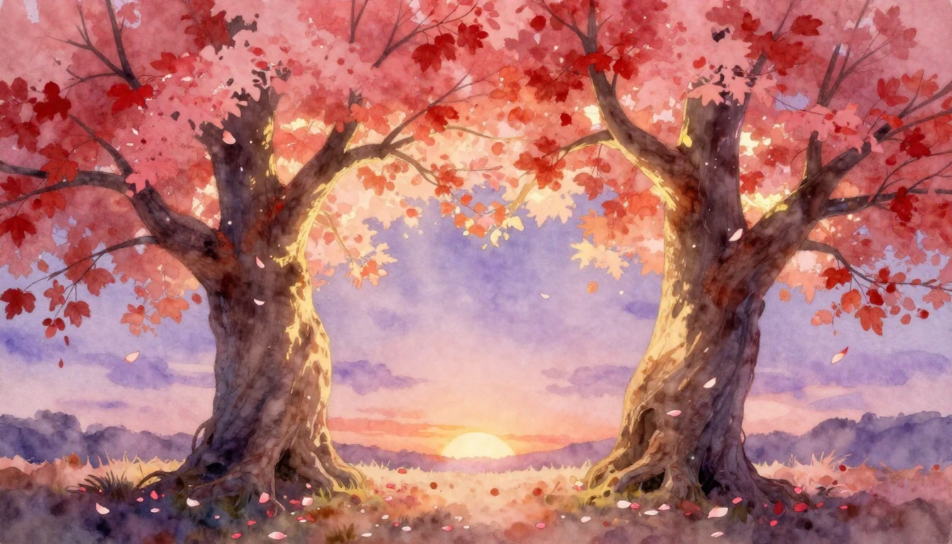 A romantic and dreamy watercolor painting featuring two larg...