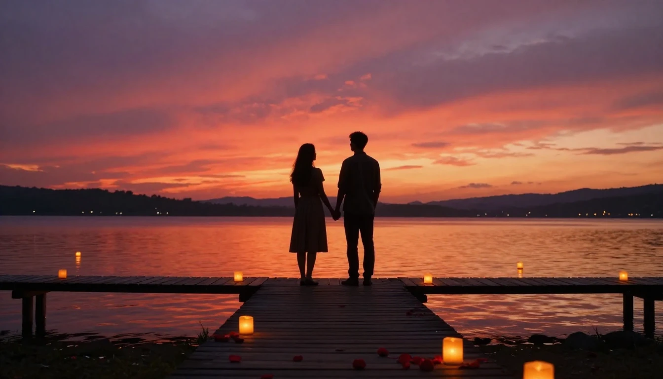 A breathtaking and romantic scene at sunset by a calm lake. ...