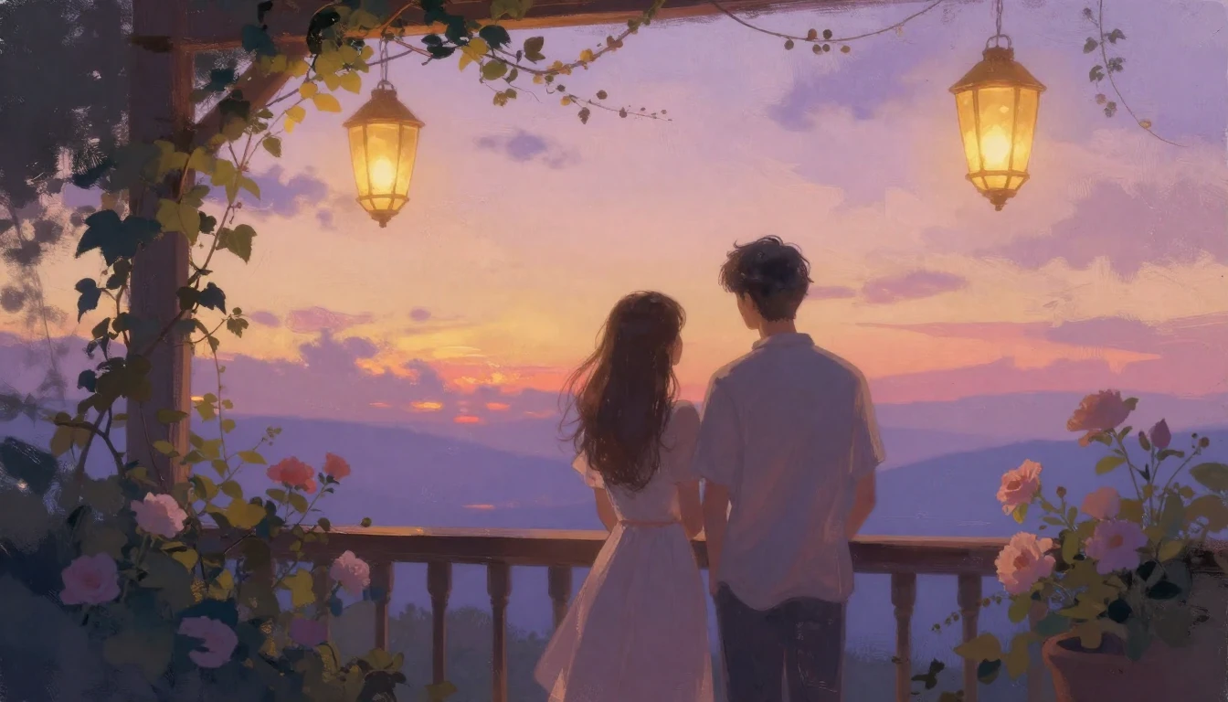 A romantic and ethereal scene of two figures standing on a b...