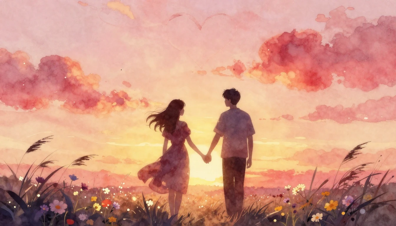 A romantic and dreamy watercolor painting depicting two silh...