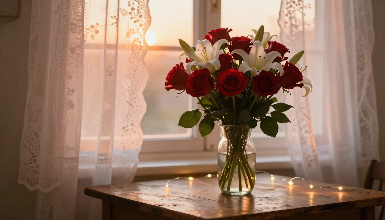 A romantic and serene setting featuring a delicate bouquet o...