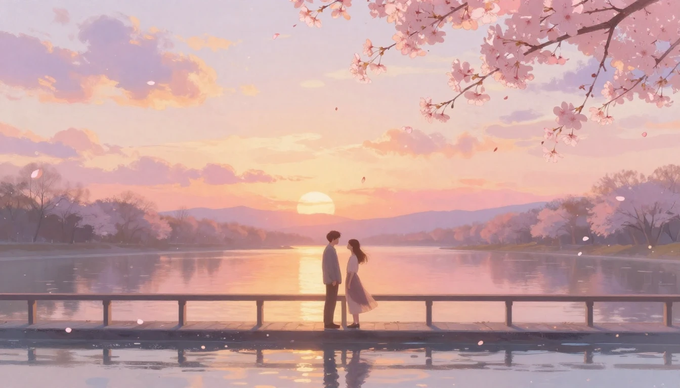 A dreamy and ethereal scene of two lovers standing on a brid...