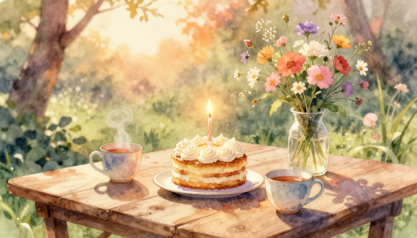 A warm and cozy birthday scene in a soft watercolor style. O...