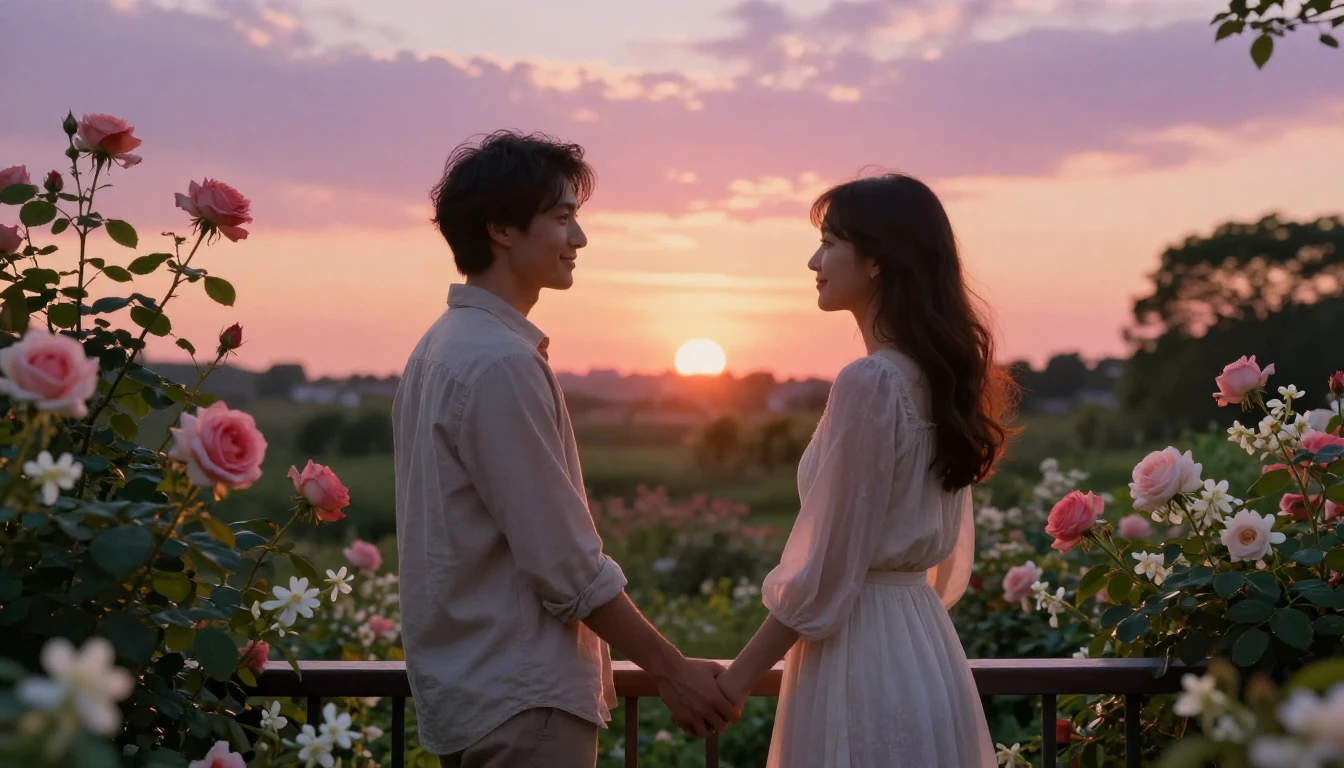 A romantic and intimate scene of a couple standing on a balc...