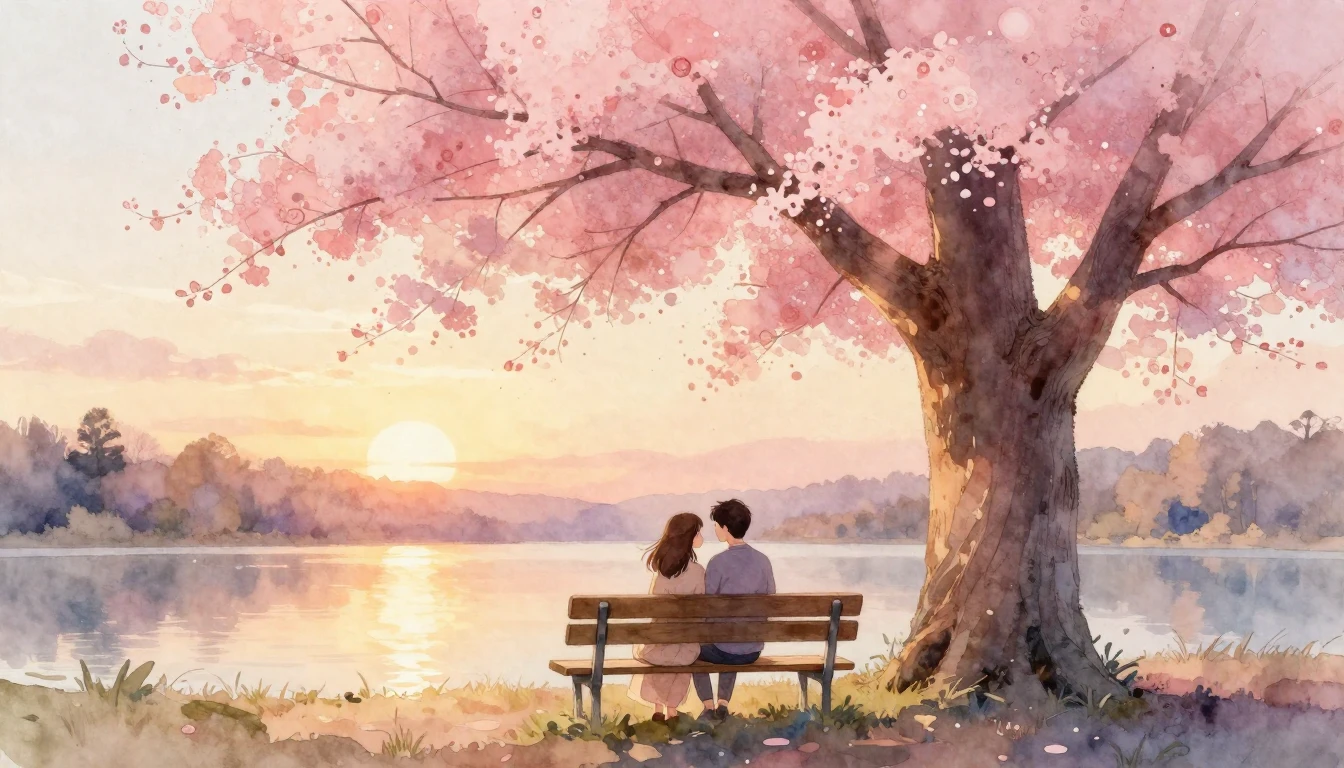 A dreamy and romantic watercolor illustration of a couple si...