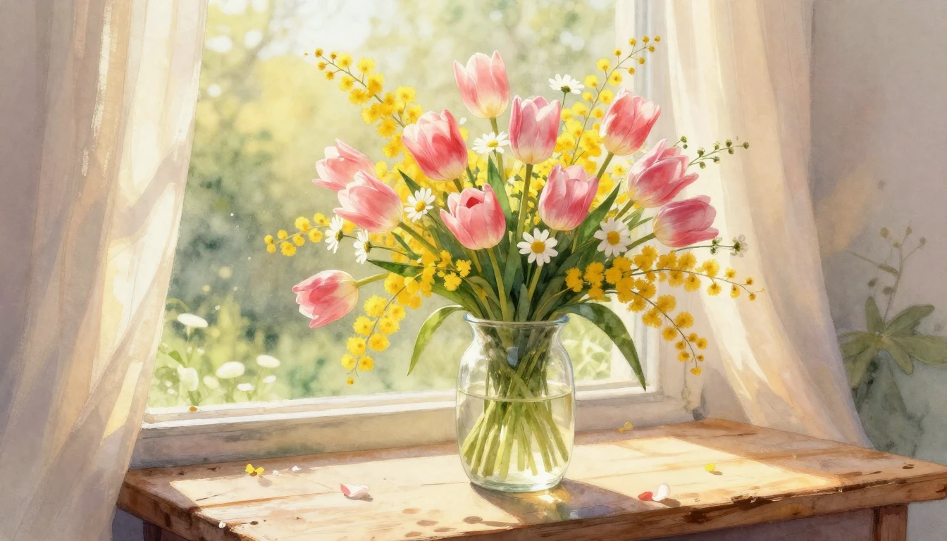 A delicate and vibrant watercolor painting of a lush spring ...