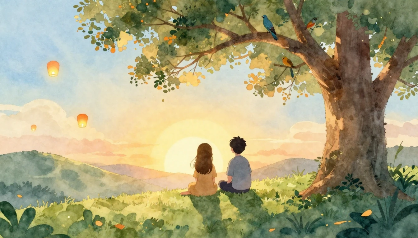 A heartwarming watercolor illustration depicting two silhoue...