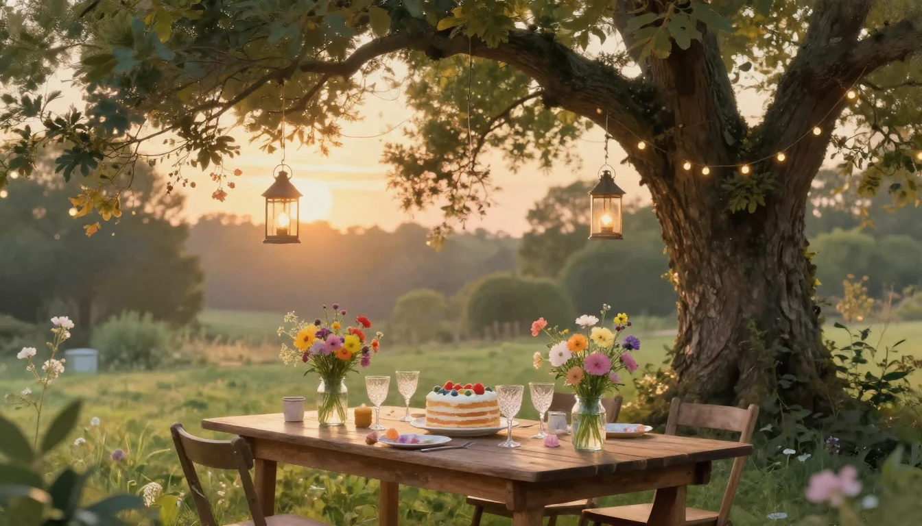 A serene and celebratory scene featuring a cozy outdoor gard...