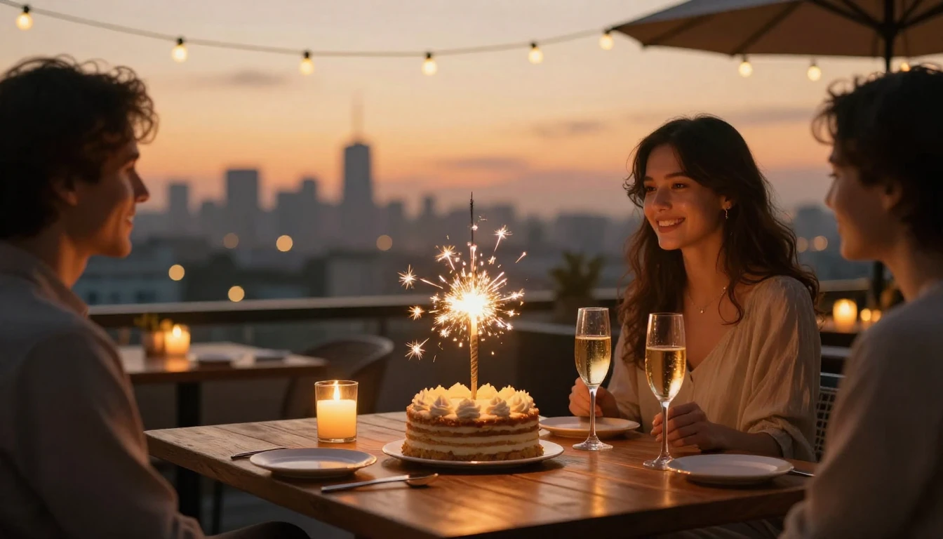 A sophisticated and warm celebratory scene for a 30th birthd...