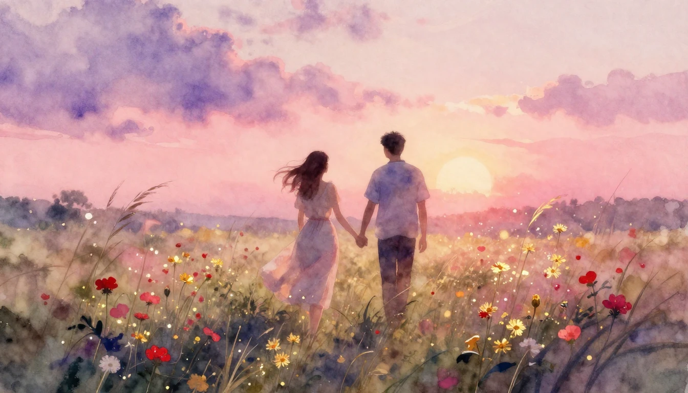 A romantic and ethereal watercolor painting of two figures w...