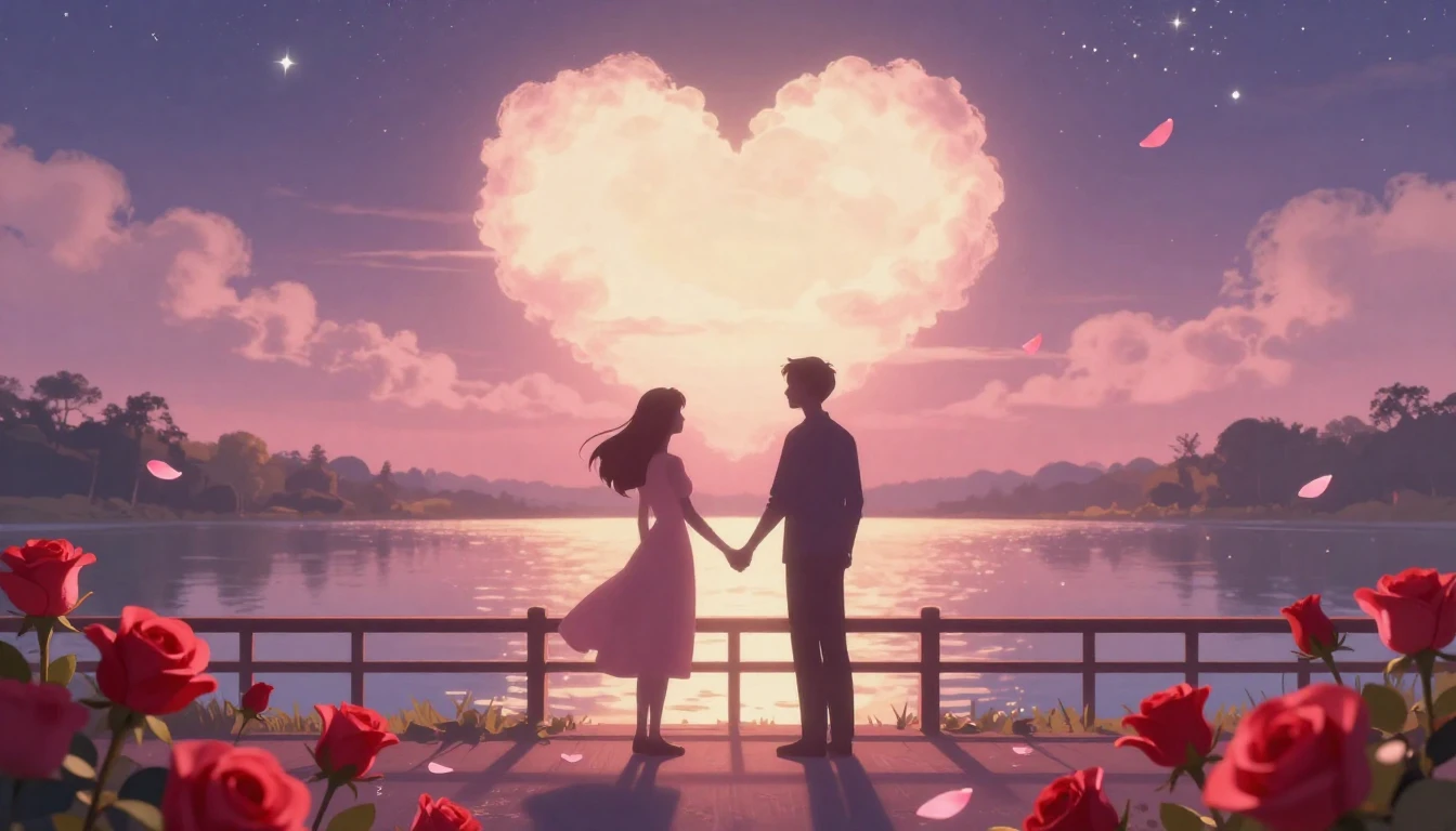 A soft and dreamy romantic scene featuring two stylized silh...