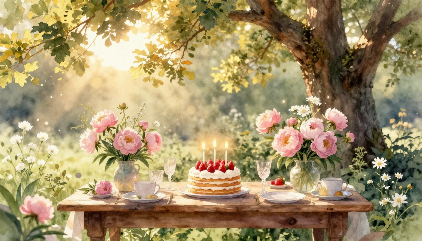 A dreamy and warm festive scene in a sun-drenched garden dur...