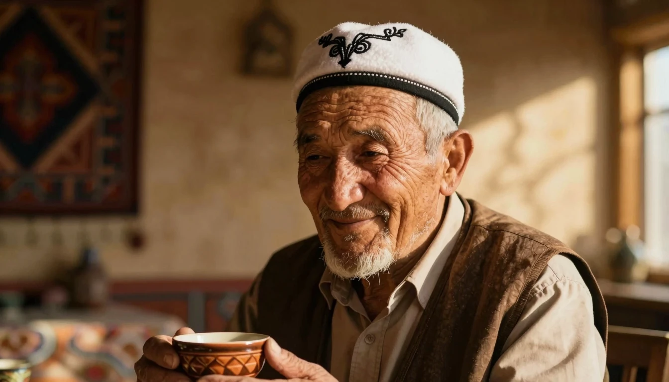 A heartwarming illustration of a wise elderly man with a kin...