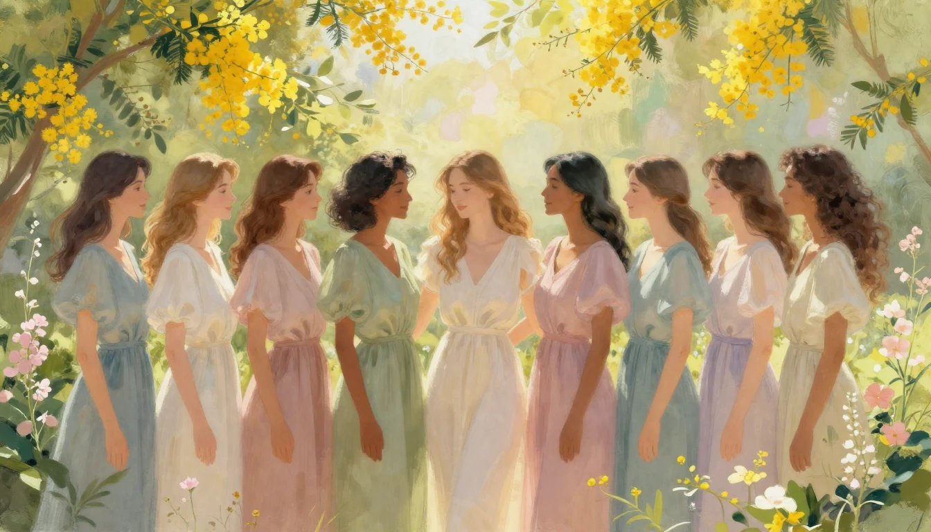 A vibrant and ethereal scene celebrating womanhood. A divers...