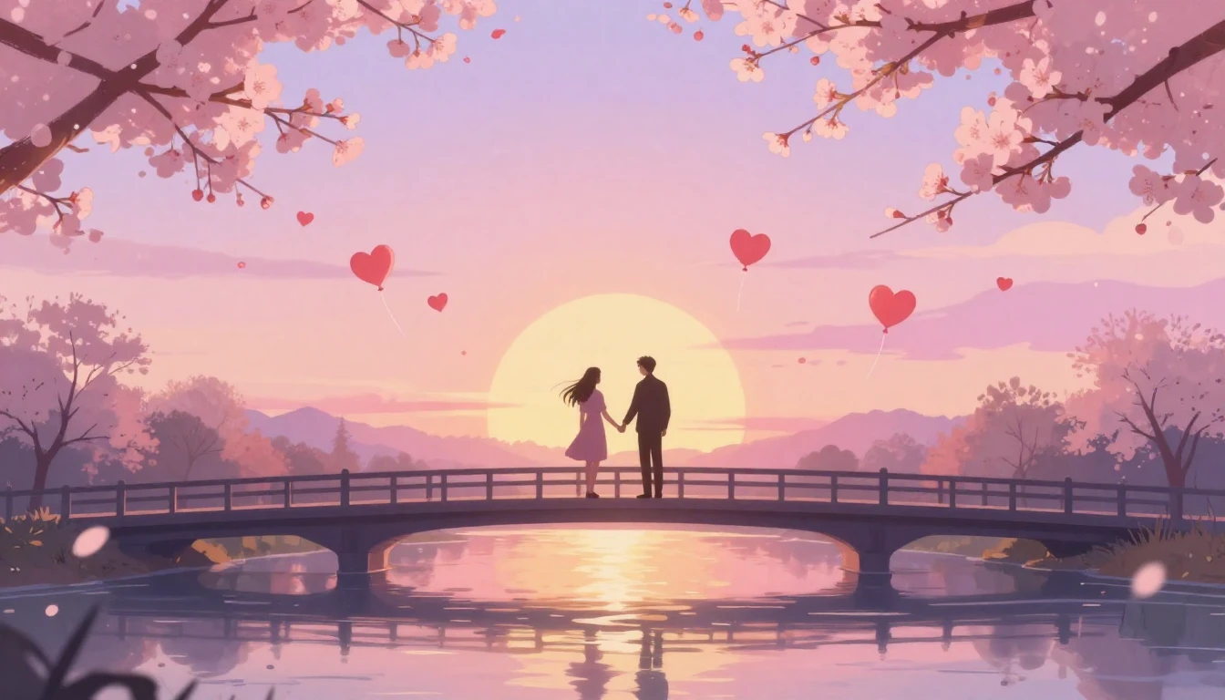 A romantic and dreamy illustration depicting a silhouette of...