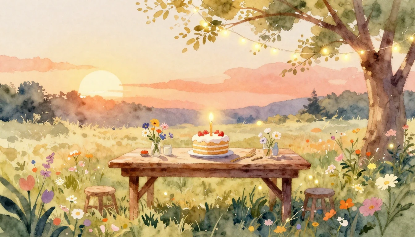 A dreamy and warm watercolor illustration of a festive outdo...