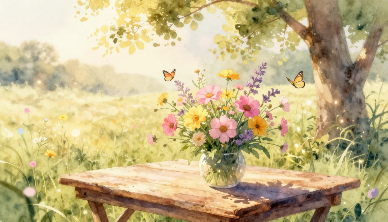 A dreamy and warm watercolor painting of a serene meadow at ...