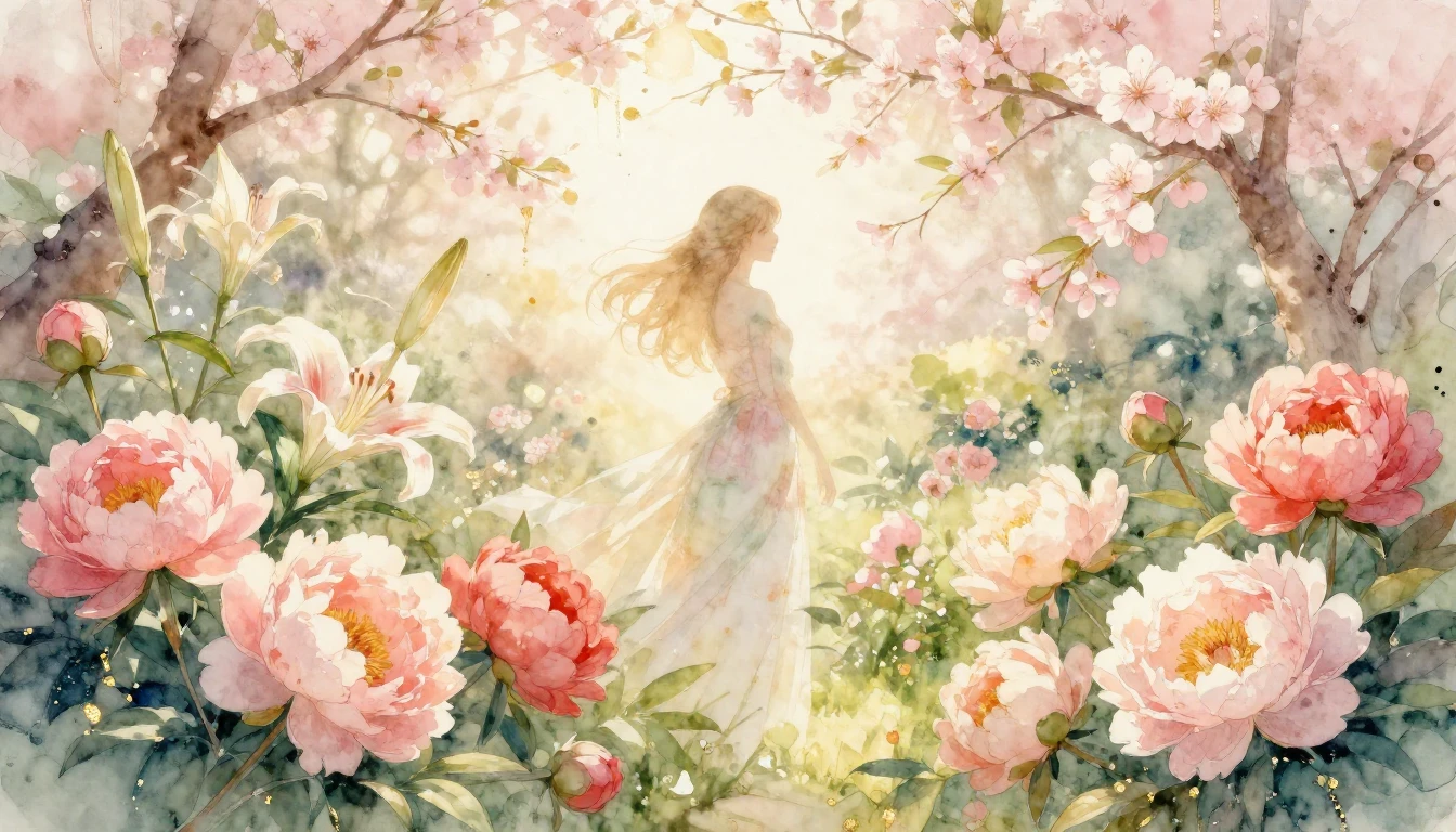 A delicate and vibrant watercolor painting of a lush spring ...