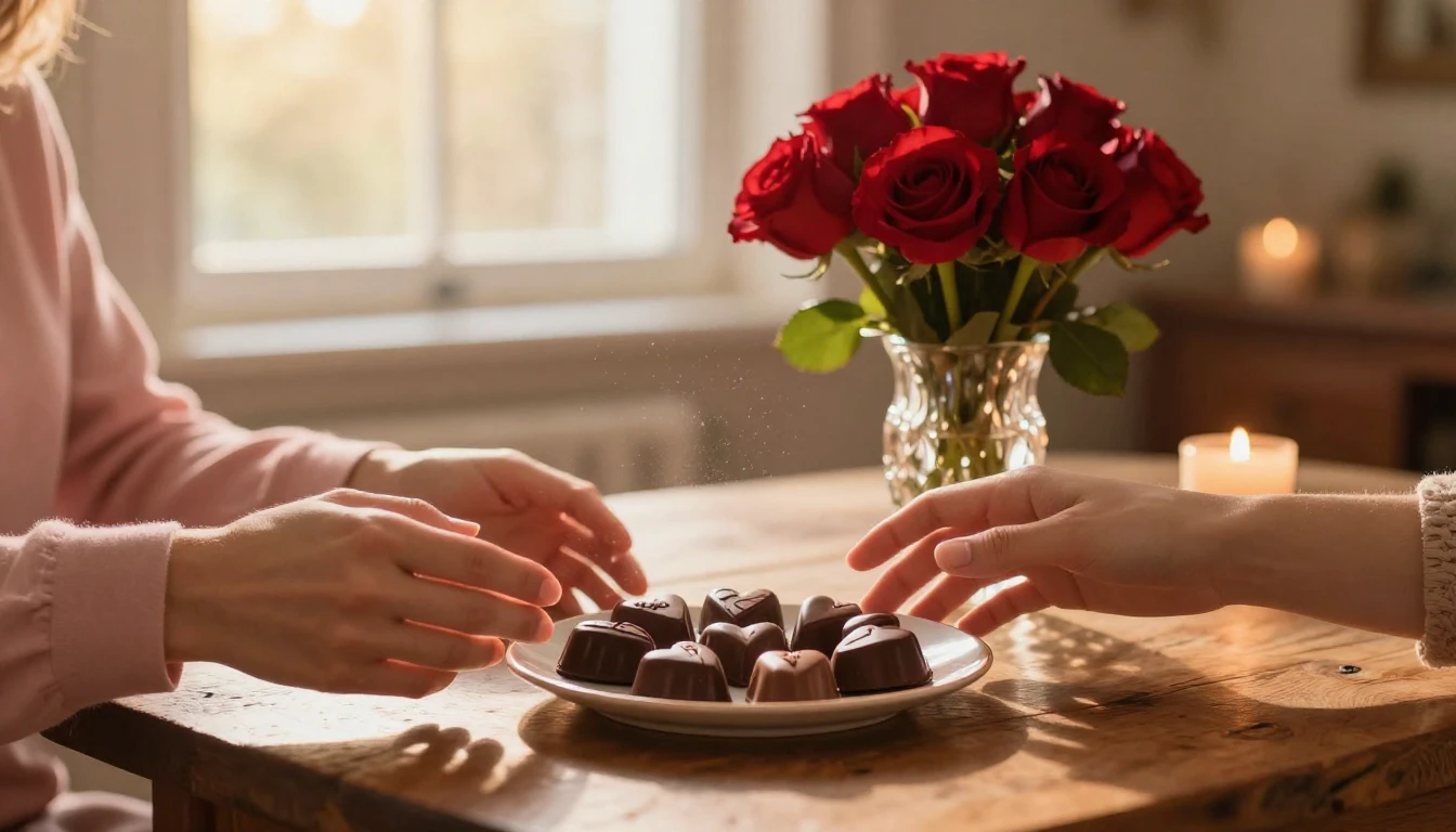 A romantic and cozy indoor scene in a warm, dreamy atmospher...