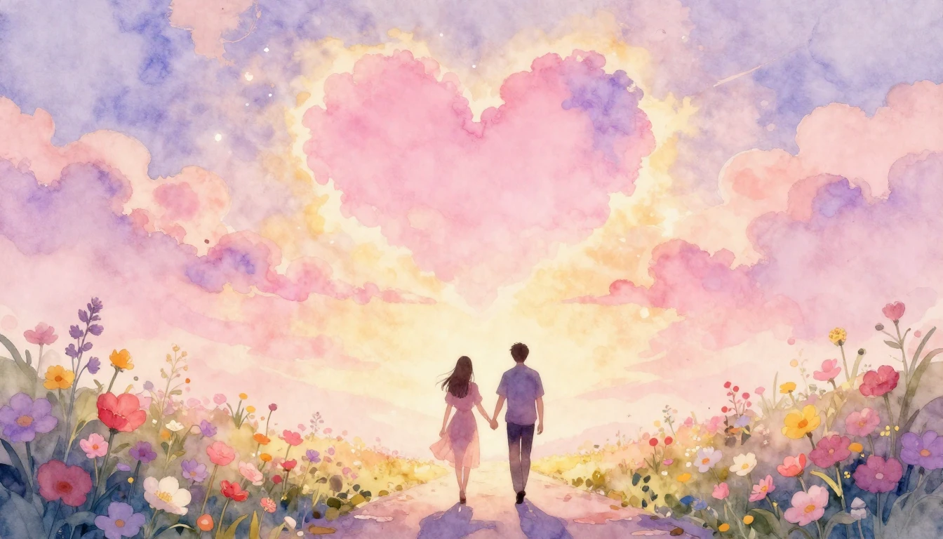 A soft, dreamy watercolor painting depicting the silhouettes...
