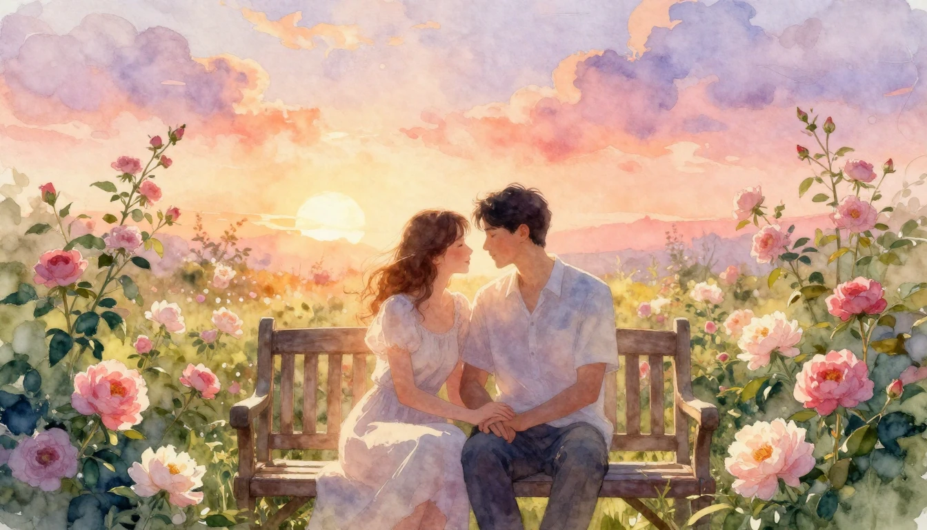 A romantic couple sitting closely on a wooden bench in a lus...