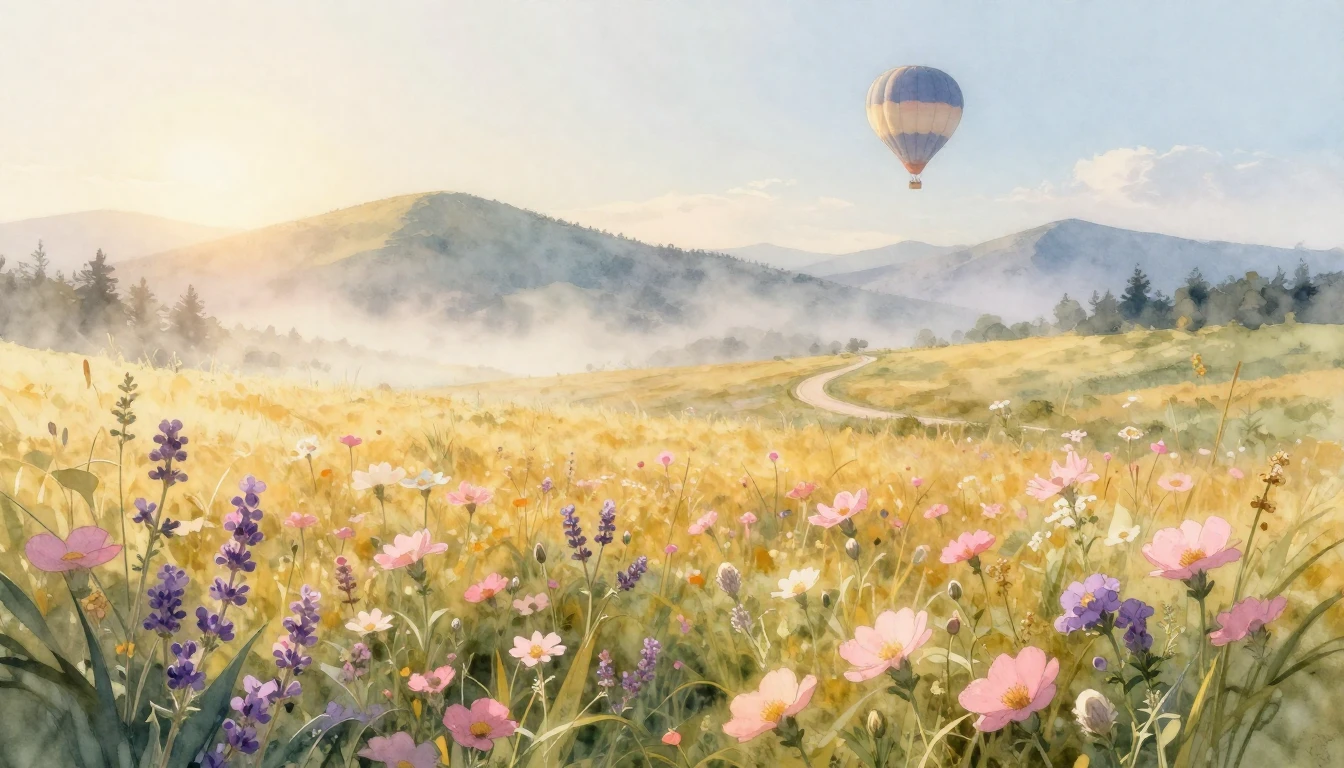 A serene sunrise over a vast, blooming meadow filled with wi...