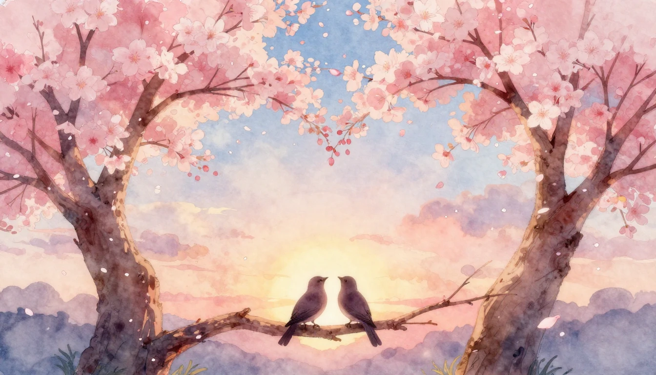 A soft and dreamy watercolor painting depicting two intertwi...