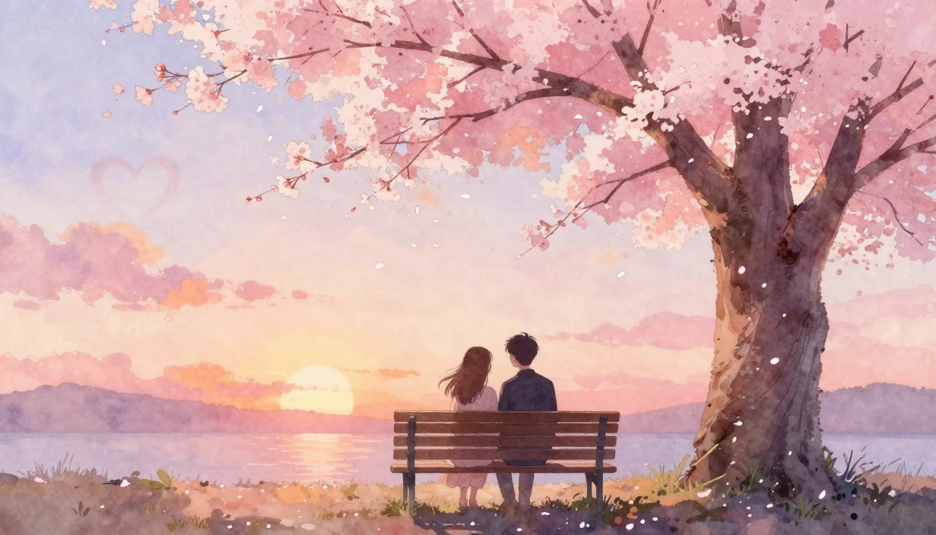 A soft and dreamy watercolor painting depicting a romantic s...