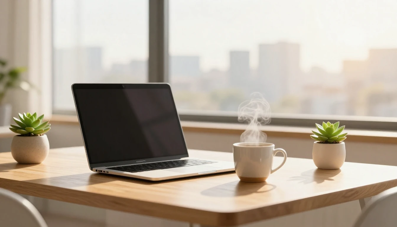 A bright and inspiring modern workspace scene during a sunny...