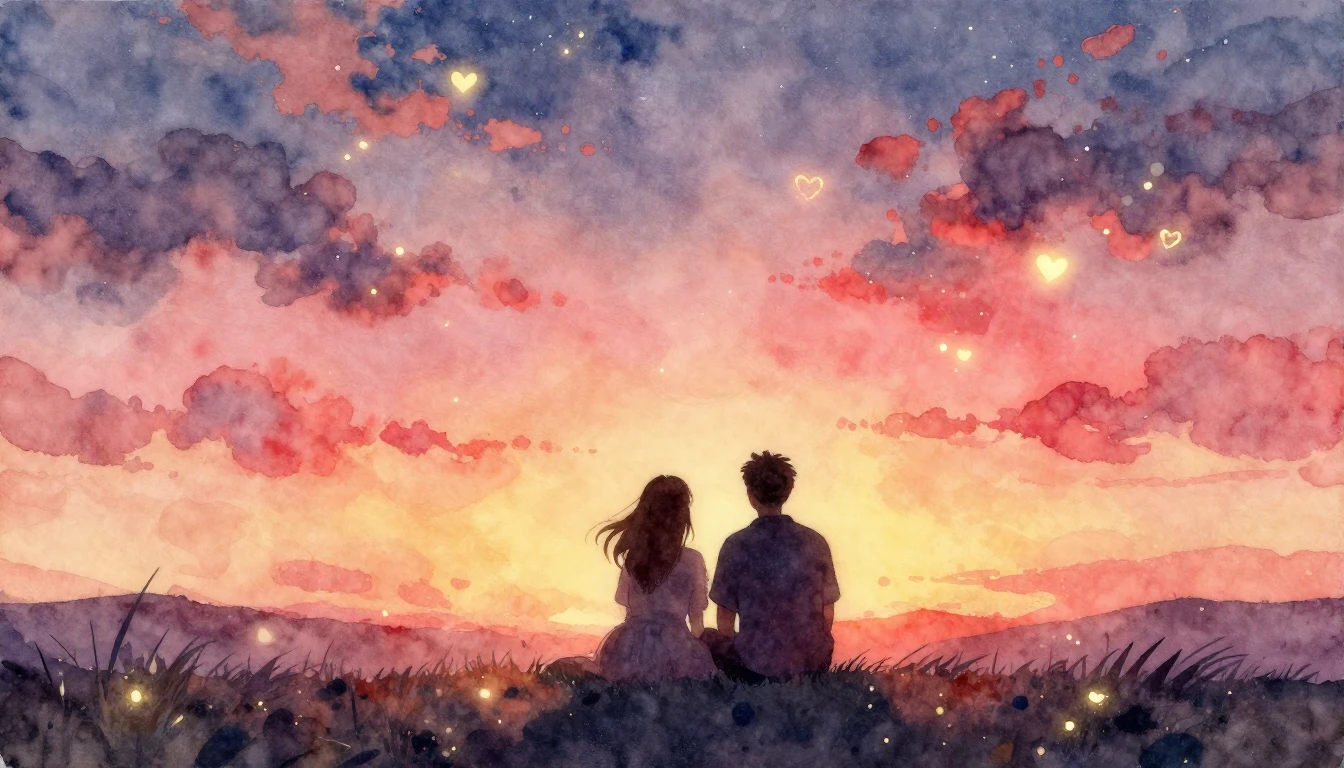 A soft and dreamy watercolor painting depicting a romantic e...