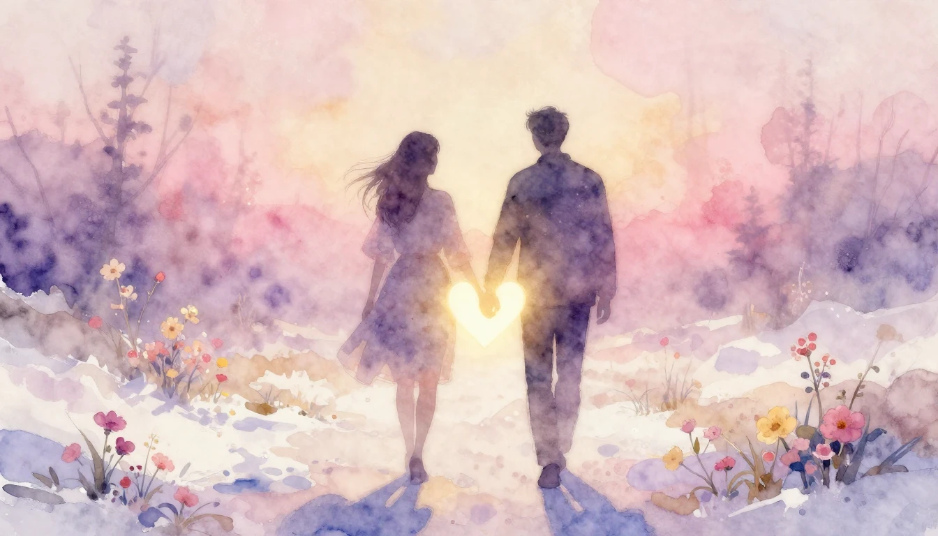 A soft, ethereal watercolor painting depicting two silhouett...