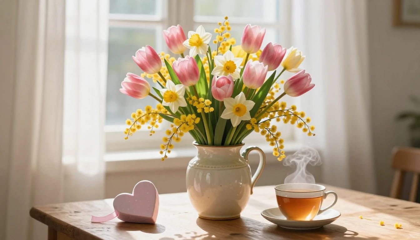 A gentle and heartwarming composition featuring a lush bouqu...