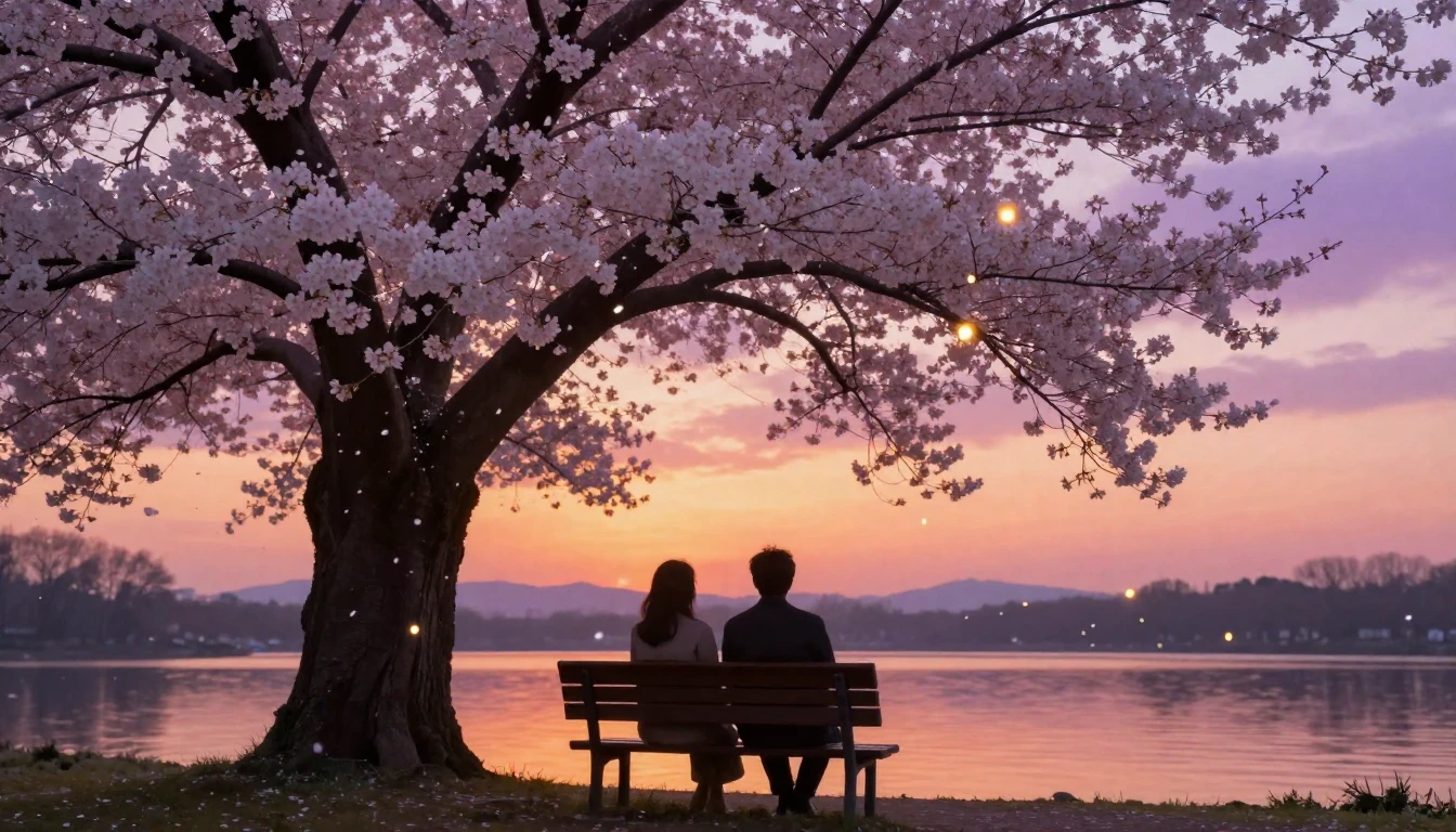 A dreamy and warm scene featuring two silhouetted figures si...