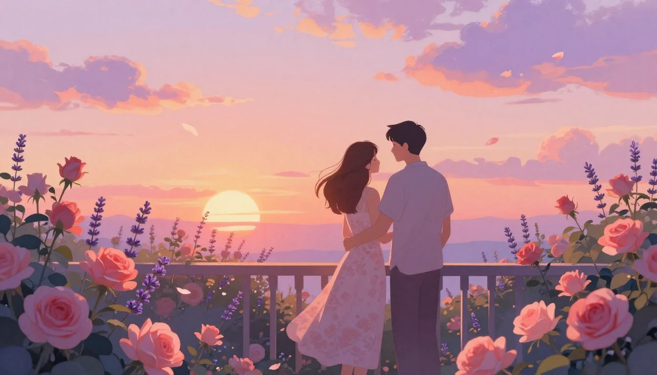 A romantic and dreamy illustration of a couple standing on a...
