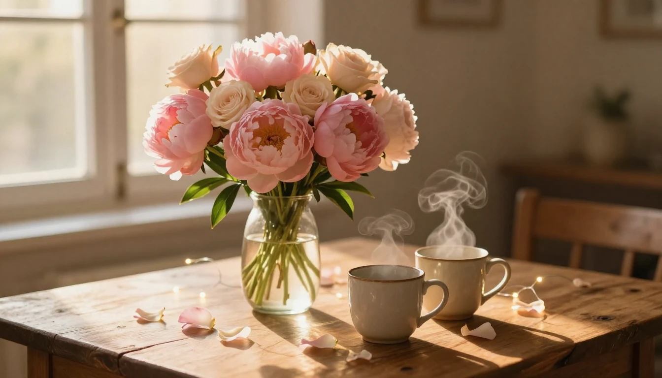 A romantic and cozy scene featuring a beautiful bouquet of s...