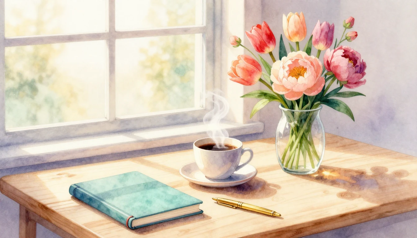 A delicate watercolor illustration of a bright and airy work...