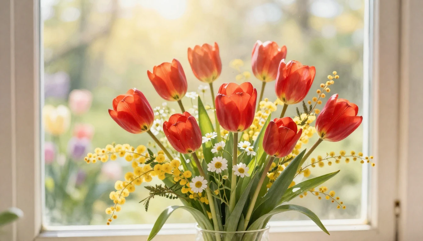 A delicate and vibrant spring bouquet featuring bright red t...