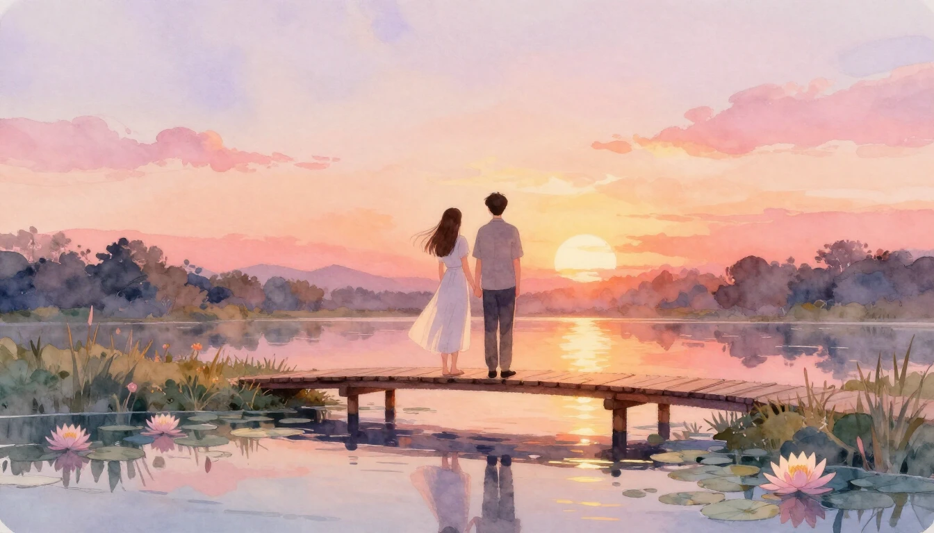 A romantic and soft watercolor illustration of a couple stan...