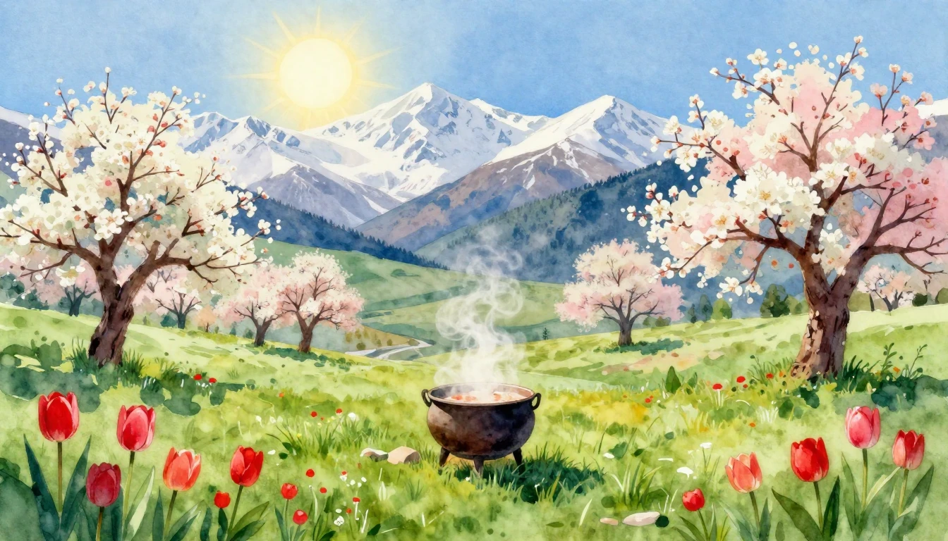 A vibrant watercolor painting depicting a breathtaking sprin...