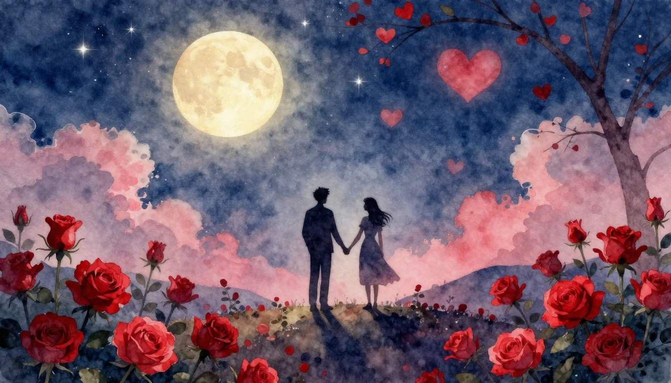 A soft and dreamy watercolor painting depicting a romantic s...