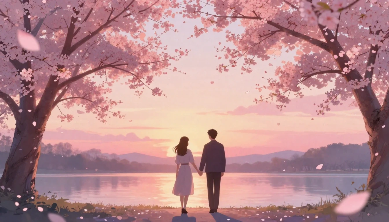 A dreamy and romantic scene depicting the silhouettes of a c...