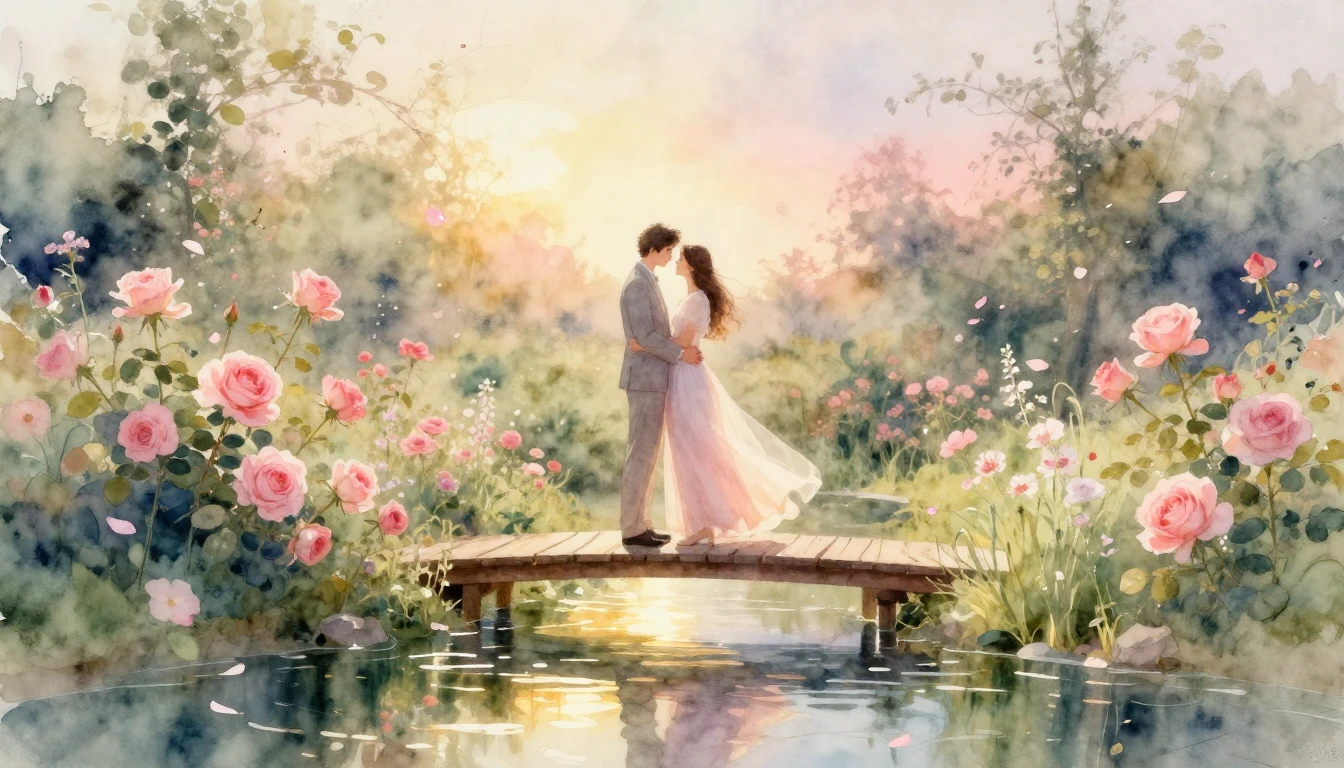 A romantic and ethereal watercolor painting of a couple stan...