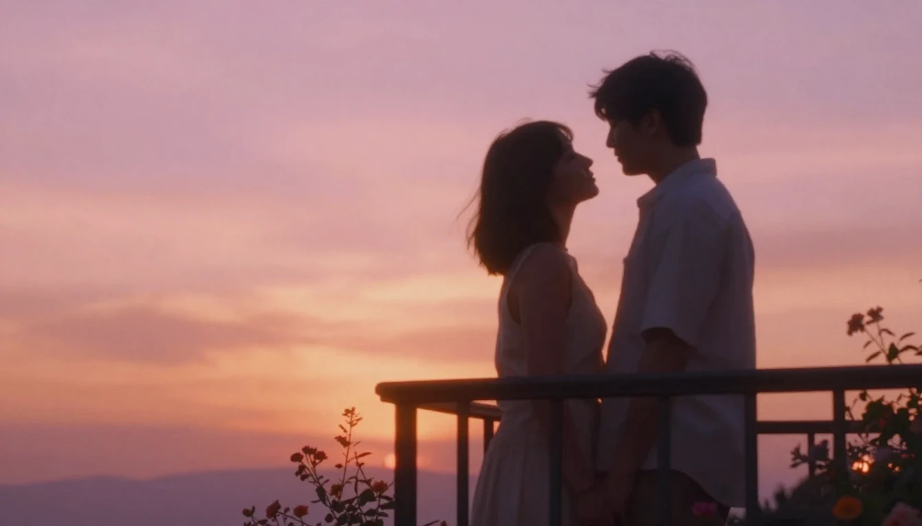 A romantic and intimate scene of a couple standing on a balc...