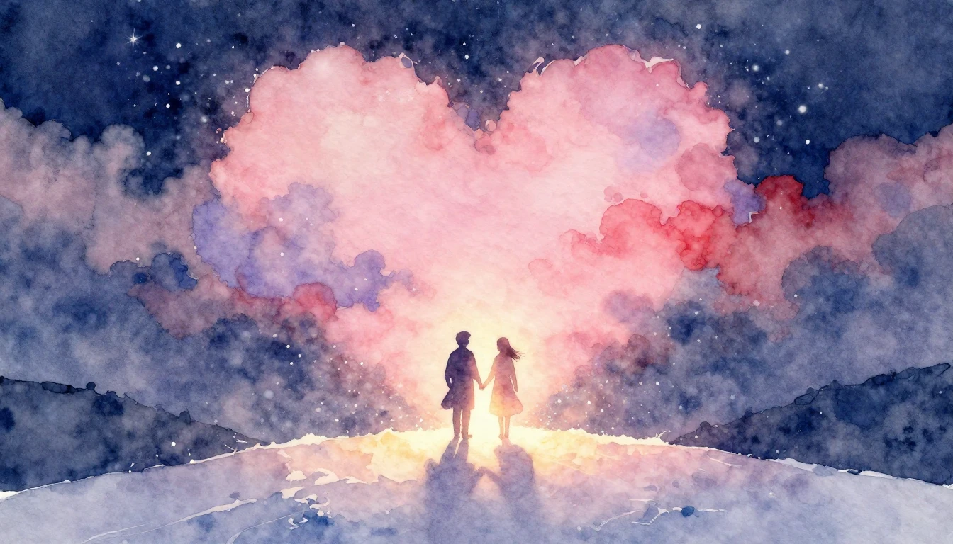 A soft, romantic watercolor painting depicting two silhouett...
